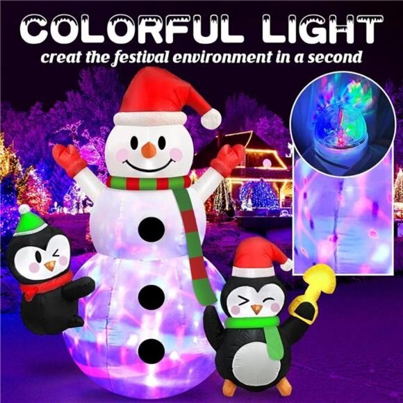 7 FT Christmas Inflatable Snowman Penguins Built-in Rotating Colorful LED Lights - Picture 6 of 6